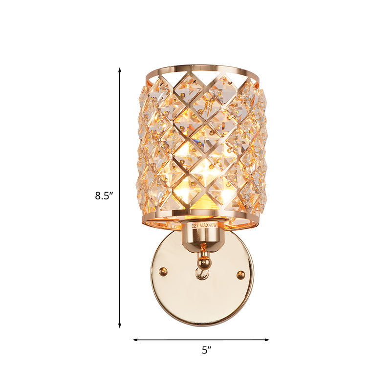1 Bulb Crystal Inserted Wall Light Kit Simple Gold Cylindrical Trellis Living Room Sconce Lamp Clearhalo 'Cast Iron' 'Glass' 'Industrial' 'Modern wall lights' 'Modern' 'Tiffany' 'Traditional wall lights' 'Wall Lamps & Sconces' 'Wall Lights' Lighting' 920496