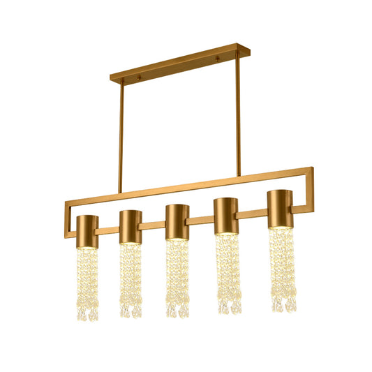 Brass 15-Light Island Pendant Postmodern Crystal Draping Linear Suspended Lighting Fixture Clearhalo 'Ceiling Lights' 'Island Lights' Lighting' 920507