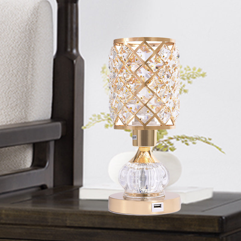 Gourd/Cylinder Living Room Table Lamp Mid-Century Crystal Single-Bulb Gold Nightstand Light Clearhalo 'Lamps' 'Table Lamps' Lighting' 920515