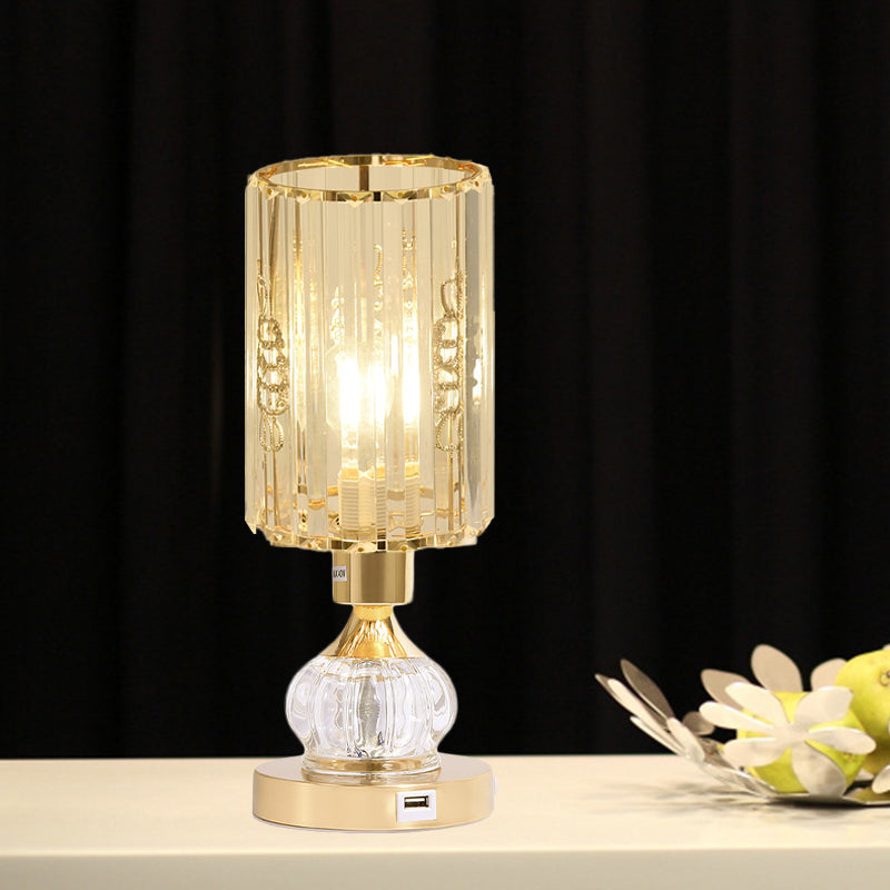 Gourd/Cylinder Living Room Table Lamp Mid-Century Crystal Single-Bulb Gold Nightstand Light Clearhalo 'Lamps' 'Table Lamps' Lighting' 920529
