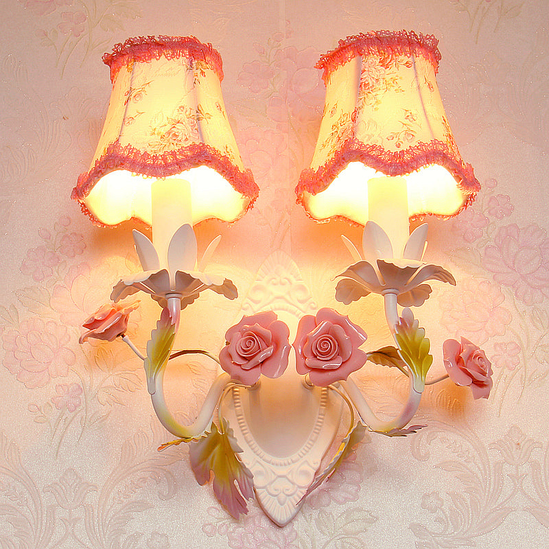 White 1/2-Head Wall Sconce Romantic Pastoral Fabric Bell Wall Mounted Light with Rose Decor Clearhalo 'Wall Lamps & Sconces' 'Wall Lights' Lighting' 920578