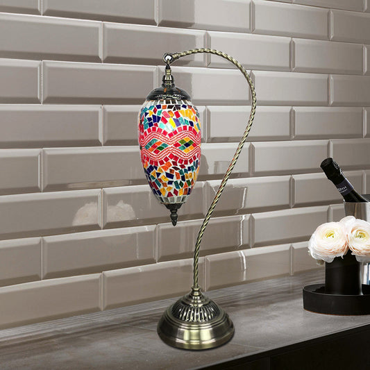 Bohemian Droplet Nightstand Light 1-Bulb Stained Art Glass Night Lamp with Curved Arm in Pink/Red Red Clearhalo 'Lamps' 'Table Lamps' Lighting' 920789