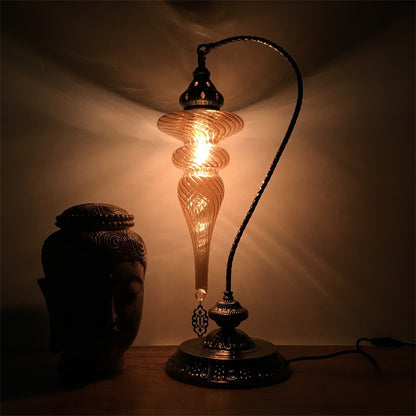 Brass/Gloss Black 1 Head Table Lamp Bohemia Amber Glass Oval/Urn Nightstand Lighting with Curved Arm Gloss Black Clearhalo 'Lamps' 'Table Lamps' Lighting' 920940