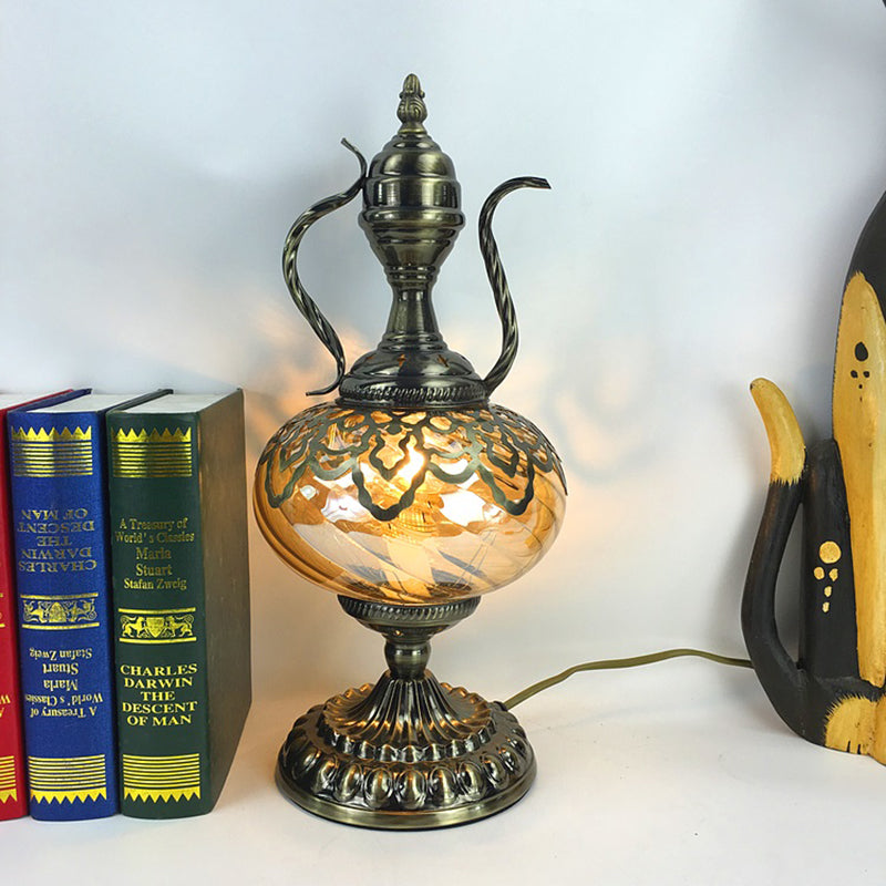 Amber Glass Brass Table Lighting Teapot/Oval 1 Bulb Bohemia Nightstand Light for Bedroom, 14"/16" Tall Clearhalo 'Lamps' 'Table Lamps' Lighting' 920952
