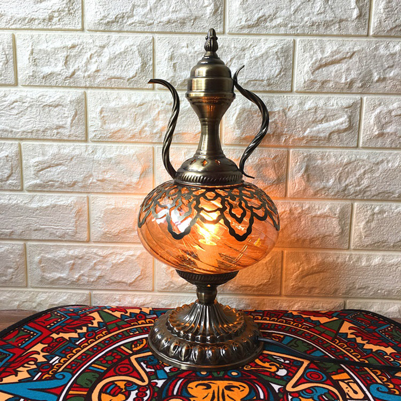 Amber Glass Brass Table Lighting Teapot/Oval 1 Bulb Bohemia Nightstand Light for Bedroom, 14"/16" Tall Brass 16" Clearhalo 'Lamps' 'Table Lamps' Lighting' 920953