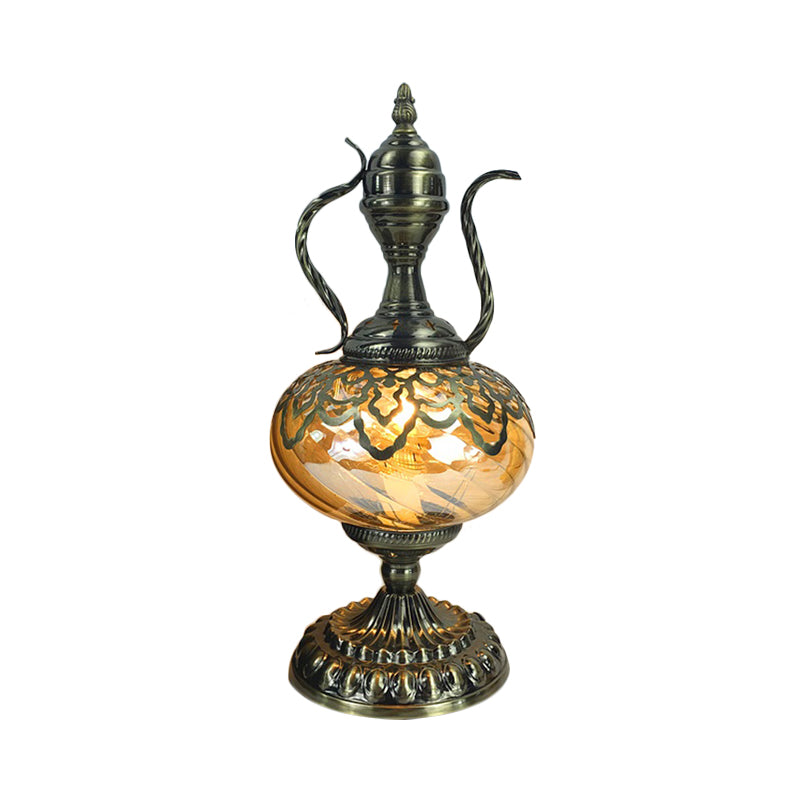 Amber Glass Brass Table Lighting Teapot/Oval 1 Bulb Bohemia Nightstand Light for Bedroom, 14"/16" Tall Clearhalo 'Lamps' 'Table Lamps' Lighting' 920955