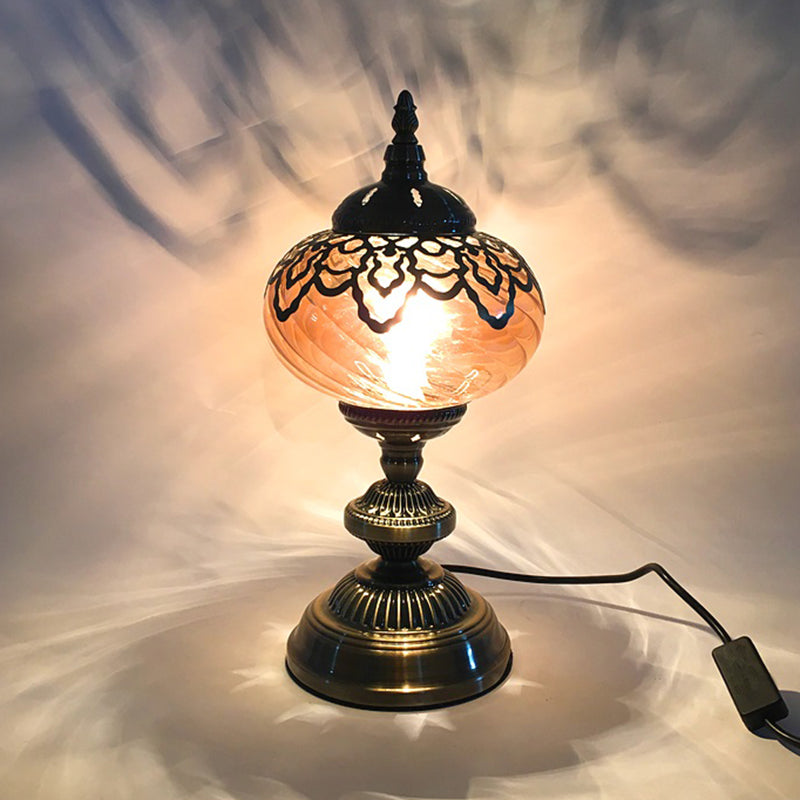 Amber Glass Brass Table Lighting Teapot/Oval 1 Bulb Bohemia Nightstand Light for Bedroom, 14"/16" Tall Clearhalo 'Lamps' 'Table Lamps' Lighting' 920957