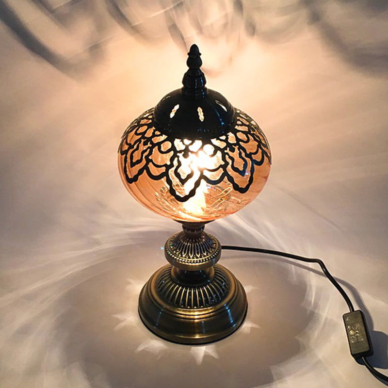 Amber Glass Brass Table Lighting Teapot/Oval 1 Bulb Bohemia Nightstand Light for Bedroom, 14"/16" Tall Brass 14" Clearhalo 'Lamps' 'Table Lamps' Lighting' 920958