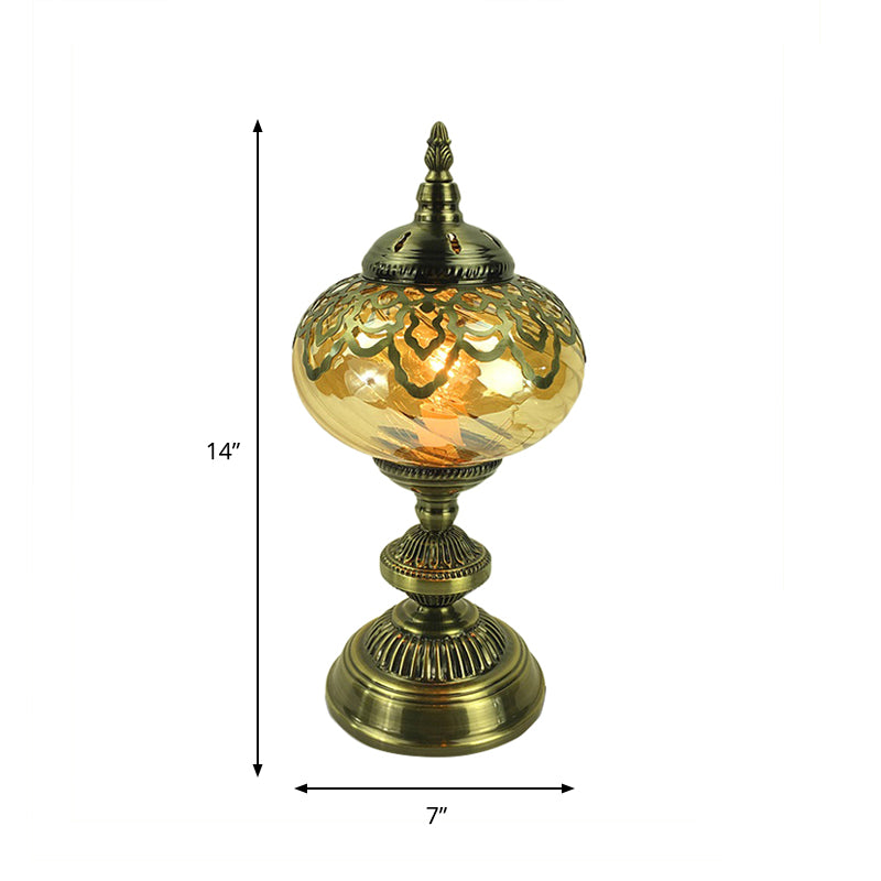 Amber Glass Brass Table Lighting Teapot/Oval 1 Bulb Bohemia Nightstand Light for Bedroom, 14"/16" Tall Clearhalo 'Lamps' 'Table Lamps' Lighting' 920960