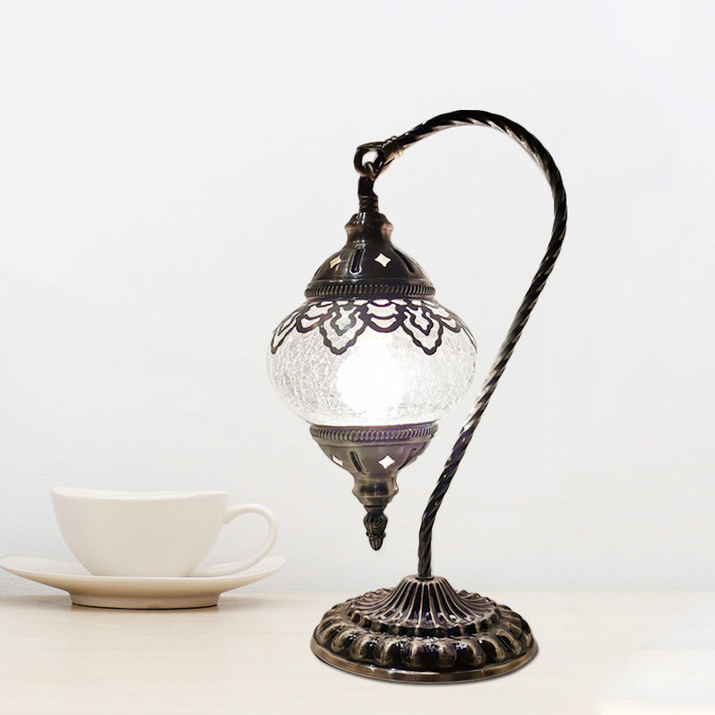 Crackle Glass Bronze Desk Light Elliptical 1 Light Turkish Night Lamp with Curving Arm, 15"/18"/21" High Bronze 15" Clearhalo 'Lamps' 'Table Lamps' Lighting' 921000