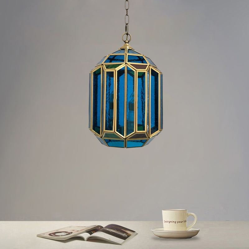 Blue Glass Lantern Ceiling Lamp Vintage 1-Light Bedroom Hanging Pendant Light with Open Bottom Blue Clearhalo 'Ceiling Lights' 'Chandeliers' 'Glass shade' 'Glass' 'Pendant Lights' 'Pendants' Lighting' 921073