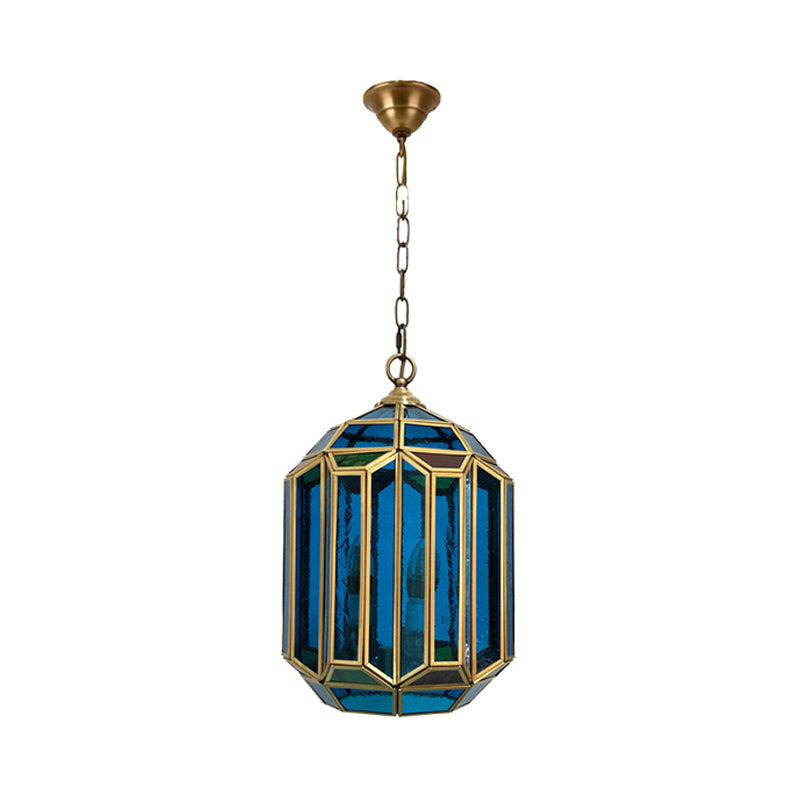 Blue Glass Lantern Ceiling Lamp Vintage 1-Light Bedroom Hanging Pendant Light with Open Bottom Clearhalo 'Ceiling Lights' 'Chandeliers' 'Glass shade' 'Glass' 'Pendant Lights' 'Pendants' Lighting' 921075