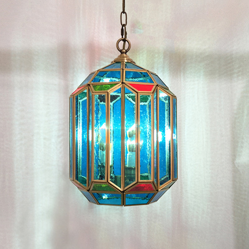 Blue Glass Lantern Ceiling Lamp Vintage 1-Light Bedroom Hanging Pendant Light with Open Bottom Clearhalo 'Ceiling Lights' 'Chandeliers' 'Glass shade' 'Glass' 'Pendant Lights' 'Pendants' Lighting' 921076