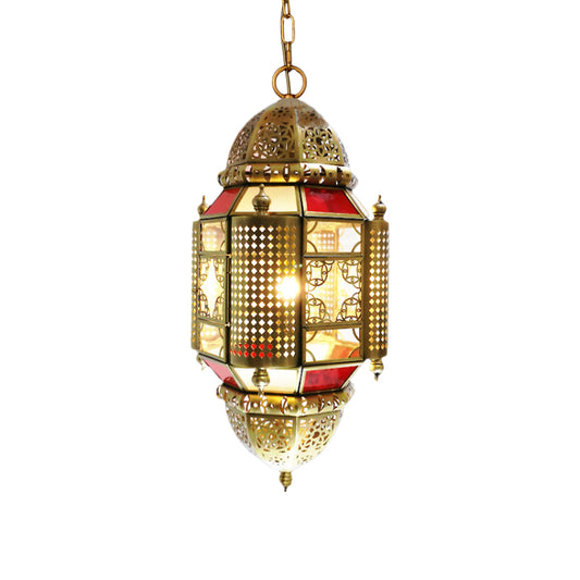 1 Light Hanging Lamp Arabian Lantern Metal Suspension Lighting with Cutout Design in Brass Clearhalo 'Ceiling Lights' 'Pendant Lights' 'Pendants' Lighting' 921106