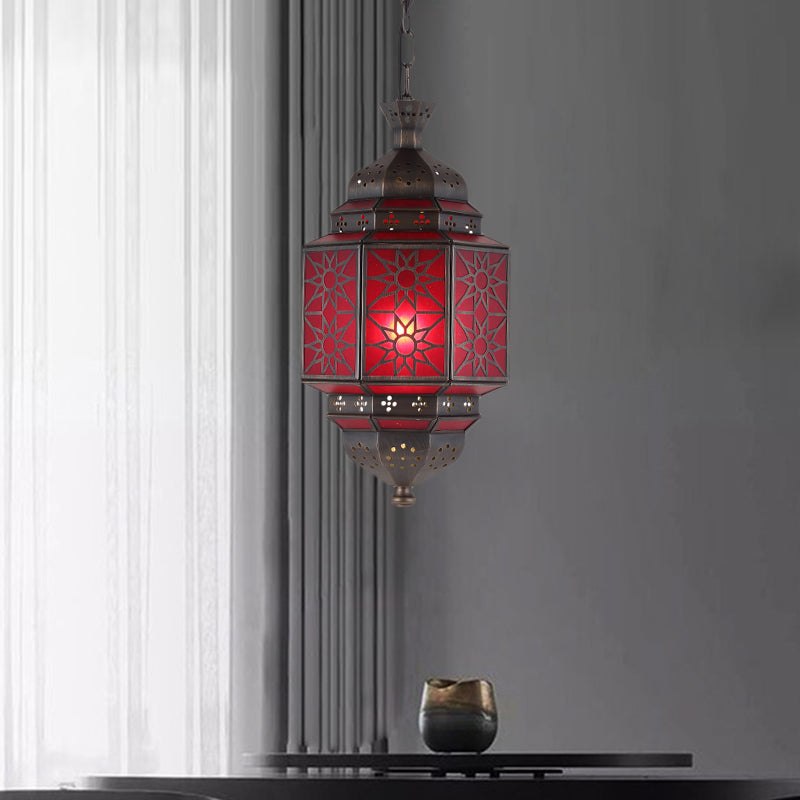 Metal Lantern Suspension Lighting Arab 1 Head Restaurant Drop Lamp with Red Glass Shade Clearhalo 'Ceiling Lights' 'Pendant Lights' 'Pendants' Lighting' 921123