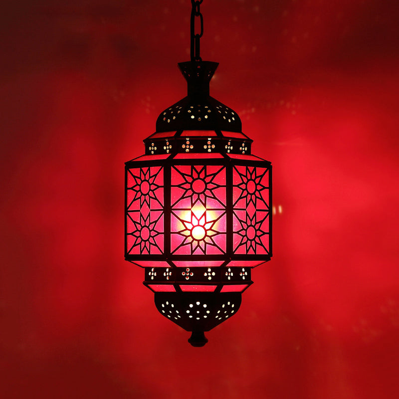 Metal Lantern Suspension Lighting Arab 1 Head Restaurant Drop Lamp with Red Glass Shade Clearhalo 'Ceiling Lights' 'Pendant Lights' 'Pendants' Lighting' 921126