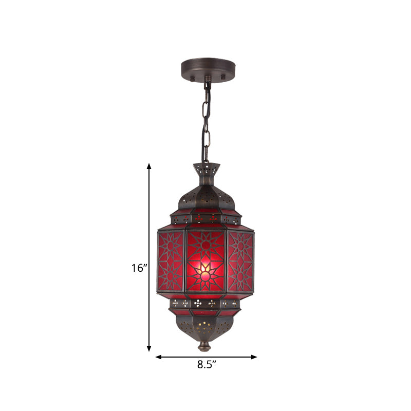 Metal Lantern Suspension Lighting Arab 1 Head Restaurant Drop Lamp with Red Glass Shade Clearhalo 'Ceiling Lights' 'Pendant Lights' 'Pendants' Lighting' 921127
