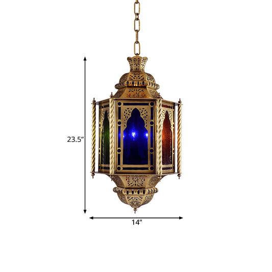Vintage Lantern Ceiling Light 1 Bulb Metal Pendant Lamp in Brass with Colorful Glass Shade Clearhalo 'Ceiling Lights' 'Pendant Lights' 'Pendants' Lighting' 921137