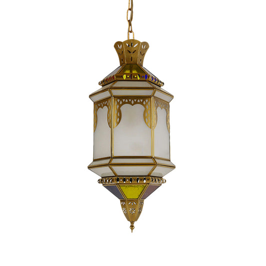 Lantern Frosted Glass Drop Lamp Antique 1 Head Restaurant Hanging Ceiling Light in Brass Clearhalo 'Ceiling Lights' 'Pendant Lights' 'Pendants' Lighting' 921156