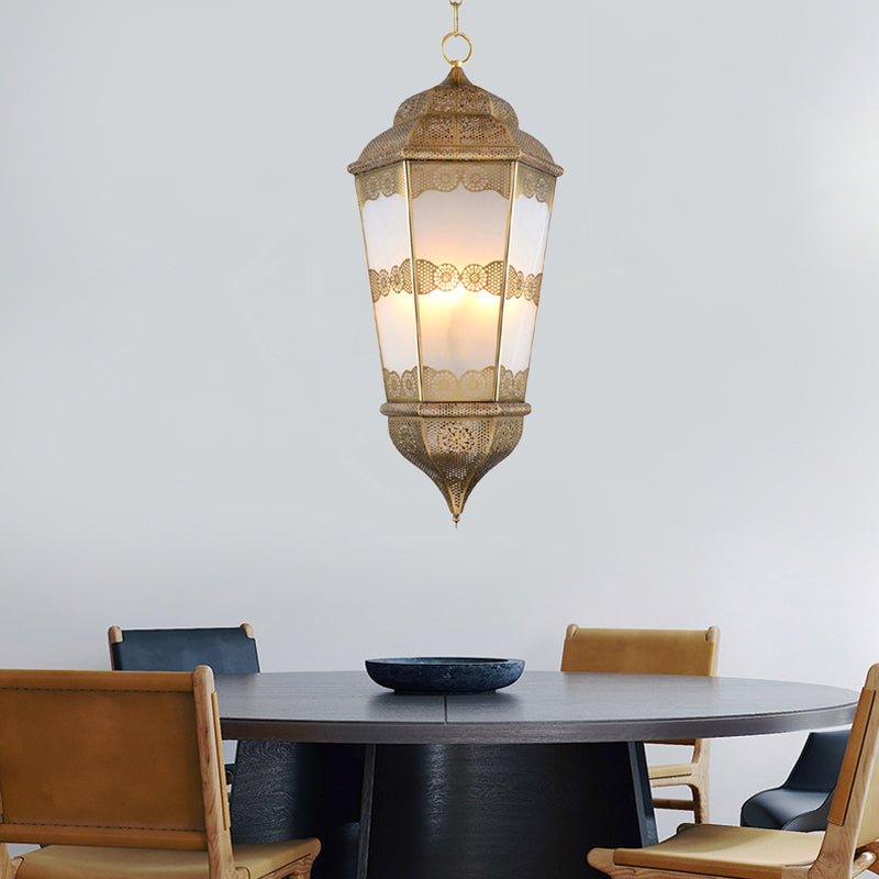 Metal Lantern Chandelier Southeast Asia 3 Bulbs Restaurant Pendant in Brass with Frosted Glass Shade Clearhalo 'Ceiling Lights' 'Chandeliers' Lighting' options 921223
