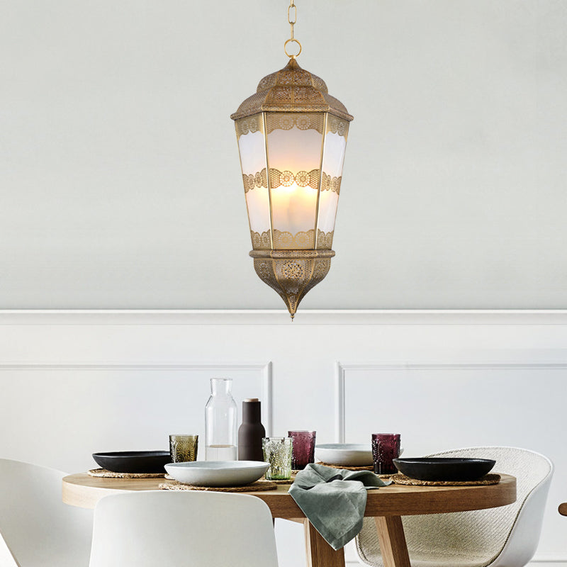 Metal Lantern Chandelier Southeast Asia 3 Bulbs Restaurant Pendant in Brass with Frosted Glass Shade Clearhalo 'Ceiling Lights' 'Chandeliers' Lighting' options 921224