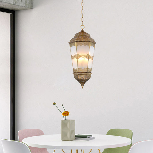 Metal Lantern Chandelier Southeast Asia 3 Bulbs Restaurant Pendant in Brass with Frosted Glass Shade Clearhalo 'Ceiling Lights' 'Chandeliers' Lighting' options 921225