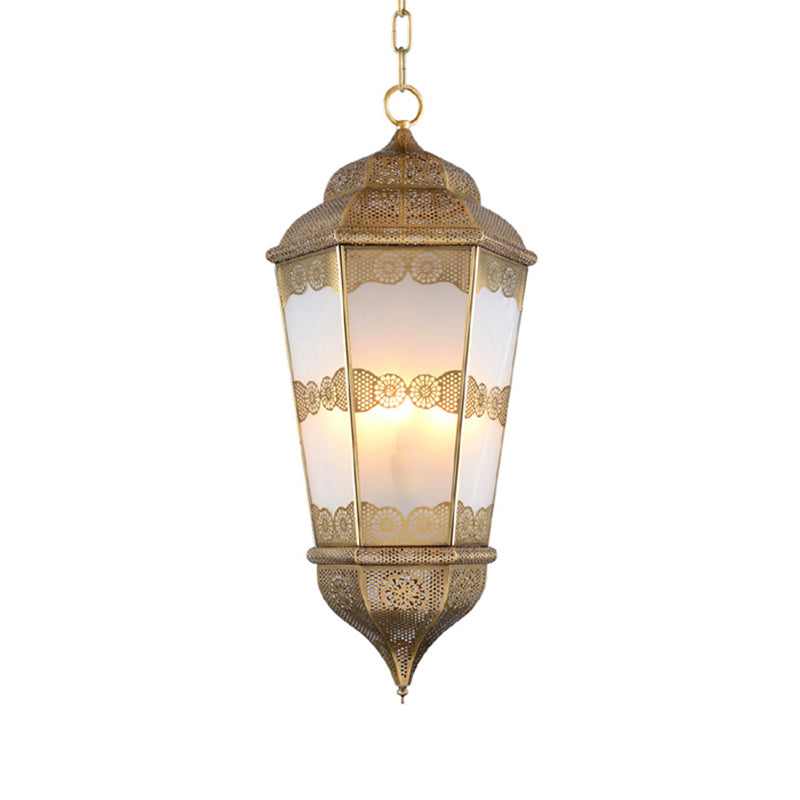 Metal Lantern Chandelier Southeast Asia 3 Bulbs Restaurant Pendant in Brass with Frosted Glass Shade Clearhalo 'Ceiling Lights' 'Chandeliers' Lighting' options 921226