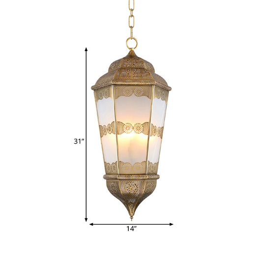 Metal Lantern Chandelier Southeast Asia 3 Bulbs Restaurant Pendant in Brass with Frosted Glass Shade Clearhalo 'Ceiling Lights' 'Chandeliers' Lighting' options 921227