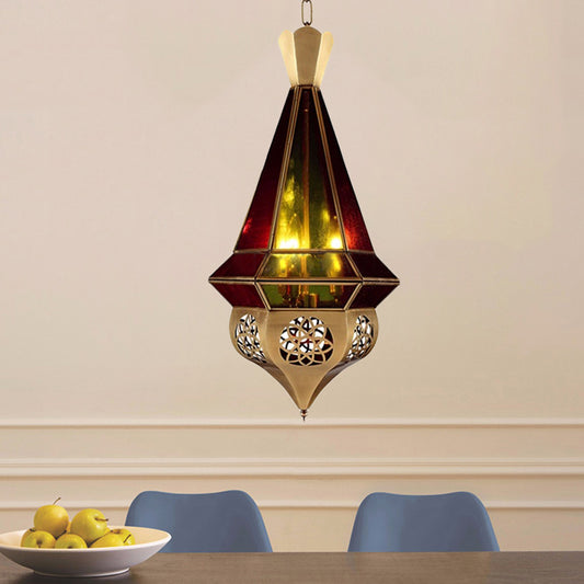Tapered Metal Pendant Lamp Arab 3 Bulbs Restaurant Chandelier in Brass with Stained Glass Shade Clearhalo 'Ceiling Lights' 'Chandeliers' Lighting' options 921253