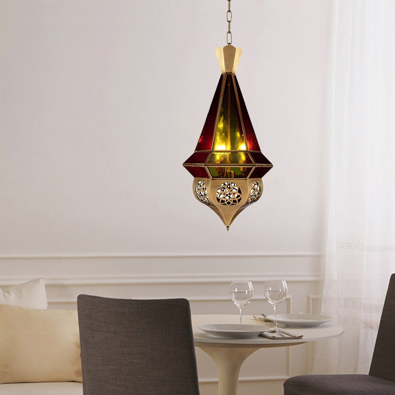 Tapered Metal Pendant Lamp Arab 3 Bulbs Restaurant Chandelier in Brass with Stained Glass Shade Clearhalo 'Ceiling Lights' 'Chandeliers' Lighting' options 921255