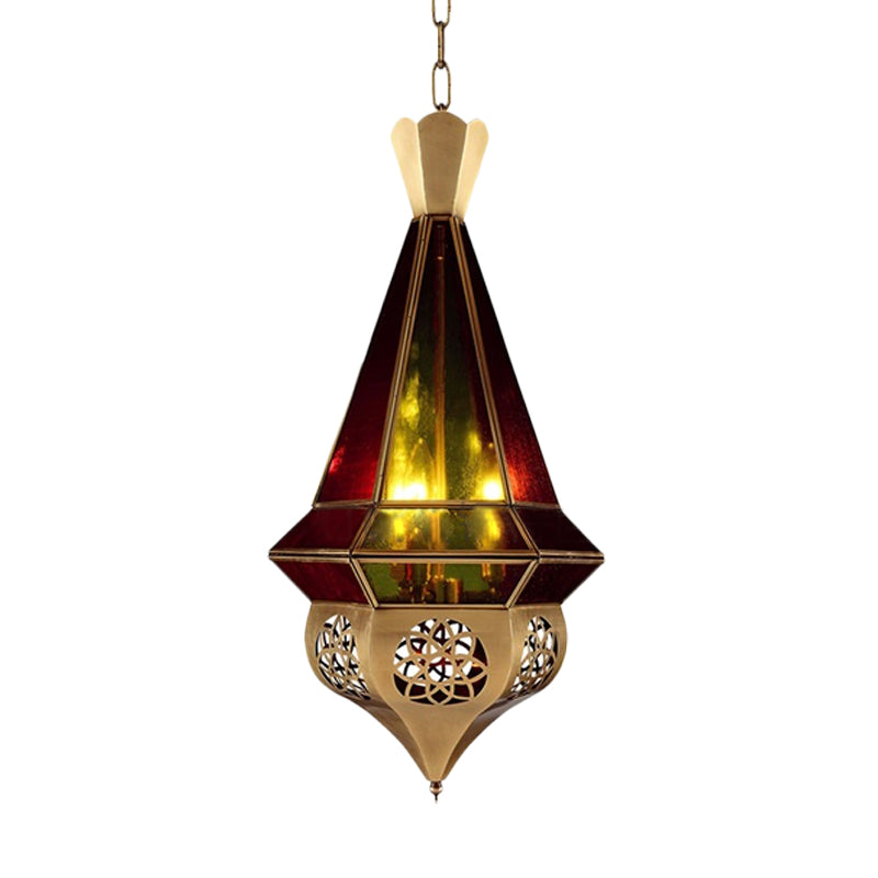 Tapered Metal Pendant Lamp Arab 3 Bulbs Restaurant Chandelier in Brass with Stained Glass Shade Clearhalo 'Ceiling Lights' 'Chandeliers' Lighting' options 921256