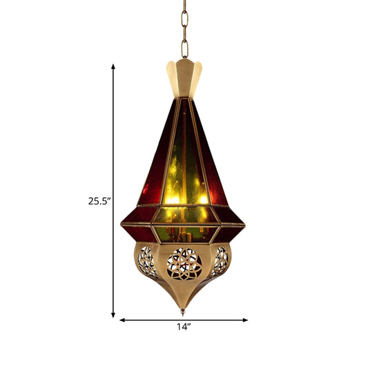 Tapered Metal Pendant Lamp Arab 3 Bulbs Restaurant Chandelier in Brass with Stained Glass Shade Clearhalo 'Ceiling Lights' 'Chandeliers' Lighting' options 921257