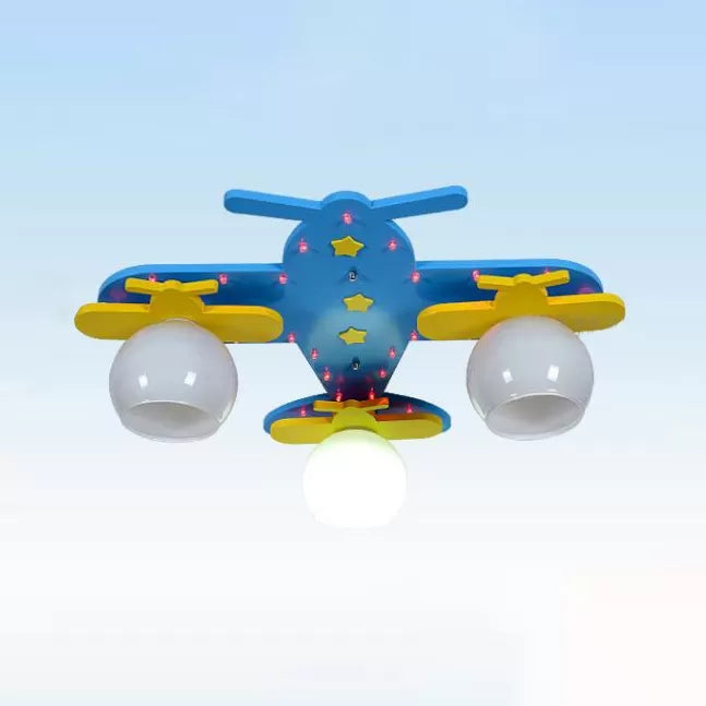 3 Bulbs Propeller Plane Ceiling Fixture Cartoon Wood Flush Mount Light ...