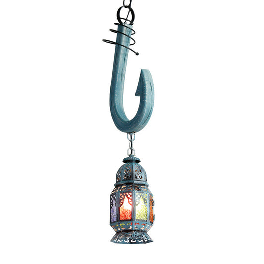 Art Deco Lantern Pendant Lighting 1 Head Stained Glass Suspension Light in Blue with Wooden Hook Rod Clearhalo 'Ceiling Lights' 'Pendant Lights' 'Pendants' Lighting' 921431