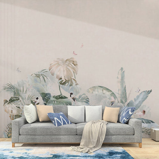 Pastel Color Minimalist Mural Wallpaper Customized Banana Leaf and Butterfly Wall Decor for Accent Wall
