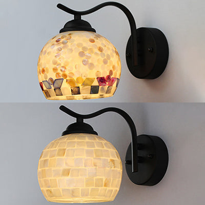 1 Head Sphere Wall Light Fixture Tiffany Beige/Beige-Red Stained Shell Sconce Lighting with Curved Arm Clearhalo 'Industrial' 'Middle century wall lights' 'Tiffany wall lights' 'Tiffany' 'Wall Lamps & Sconces' 'Wall Lights' Lighting' 92169