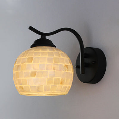 1 Head Sphere Wall Light Fixture Tiffany Beige/Beige-Red Stained Shell Sconce Lighting with Curved Arm Beige Clearhalo 'Industrial' 'Middle century wall lights' 'Tiffany wall lights' 'Tiffany' 'Wall Lamps & Sconces' 'Wall Lights' Lighting' 92172