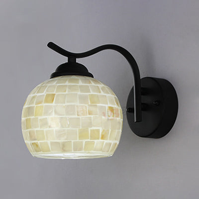 1 Head Sphere Wall Light Fixture Tiffany Beige/Beige-Red Stained Shell Sconce Lighting with Curved Arm Clearhalo 'Industrial' 'Middle century wall lights' 'Tiffany wall lights' 'Tiffany' 'Wall Lamps & Sconces' 'Wall Lights' Lighting' 92173