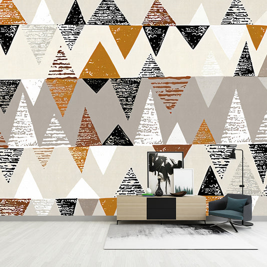 Extra Large Illustration Mural Wallpaper with Harlequin and Geometries for Living Room, Brown and Black