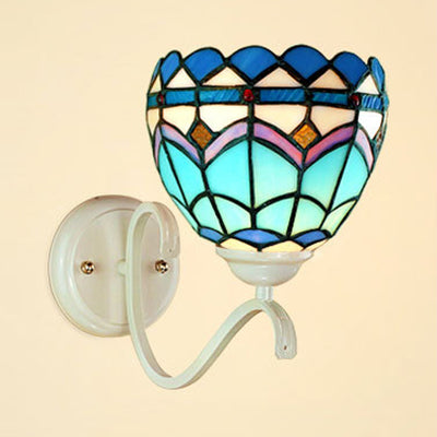 Baroque Style Bowl Wall Mount Light Stained Glass Single Light Wall Lighting in White Finish Blue Clearhalo 'Industrial' 'Middle century wall lights' 'Tiffany wall lights' 'Tiffany' 'Wall Lamps & Sconces' 'Wall Lights' Lighting' 92199