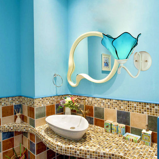 Blue Petal Wall Mount Lighting Rustic Stained Glass 1 Light Wall Sconce Light for Bathroom Blue Clearhalo 'Industrial' 'Middle century wall lights' 'Tiffany wall lights' 'Tiffany' 'Wall Lamps & Sconces' 'Wall Lights' Lighting' 92204