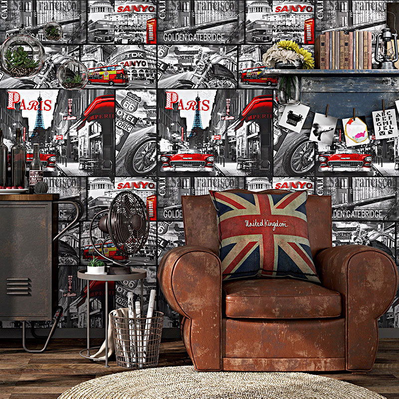 Nostalgic Paris Street Wallpaper Roll Non-Pasted Paper Wall Covering in Grey and Red, 57.1 sq ft. Clearhalo 'Industrial wall decor' 'Industrial' 'Wallpaper' Wall Decor' 922072