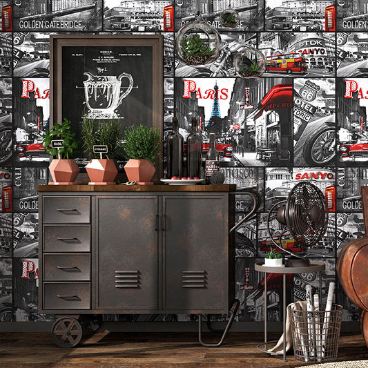 Nostalgic Paris Street Wallpaper Roll Non-Pasted Paper Wall Covering in Grey and Red, 57.1 sq ft. Clearhalo 'Industrial wall decor' 'Industrial' 'Wallpaper' Wall Decor' 922073