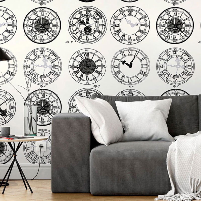 Non-Pasted Wallpaper Roll with Black and White Wall Clock, 33'L x 20.5"W Clearhalo 'Industrial wall decor' 'Industrial' 'Wallpaper' Wall Decor' 922162