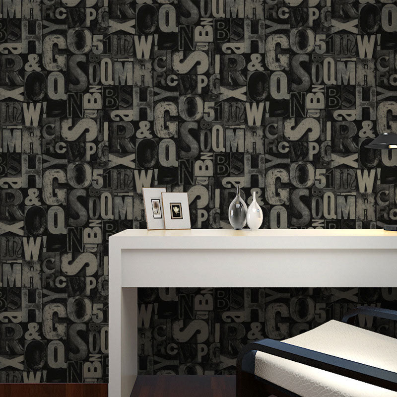 Living Room Wallpaper Roll with Soft Color English Letter Design, 57.1 sq ft., Non-Pasted Black Clearhalo 'Industrial wall decor' 'Industrial' 'Wallpaper' Wall Decor' 922279
