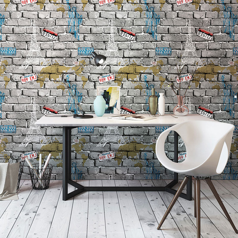 Coffee Shop Wallpaper Vintage Pastel Color Brick and Car Plate Wall Decor, Non-Pasted Grey Clearhalo 'Industrial wall decor' 'Industrial' 'Wallpaper' Wall Decor' 922326