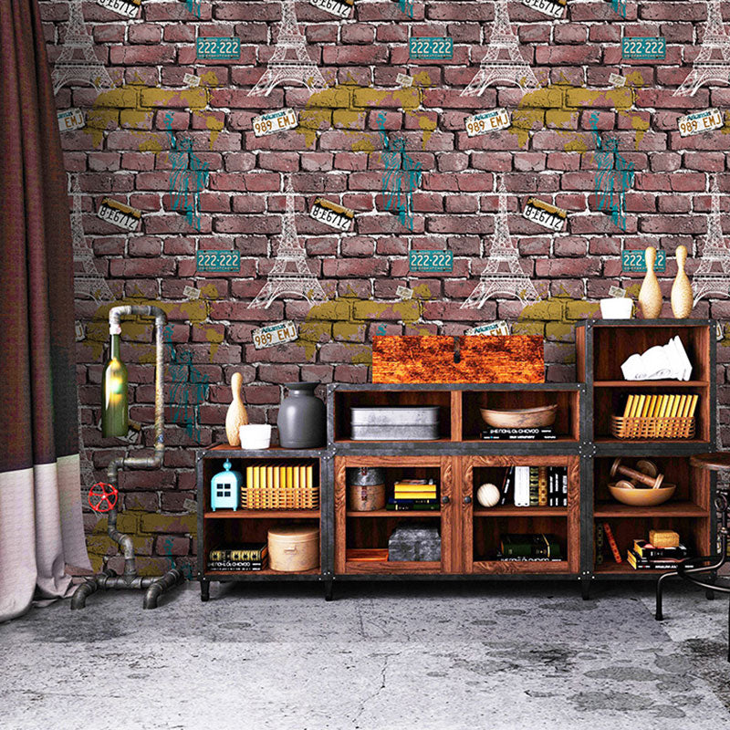 Coffee Shop Wallpaper Vintage Pastel Color Brick and Car Plate Wall Decor, Non-Pasted Brick Red Clearhalo 'Industrial wall decor' 'Industrial' 'Wallpaper' Wall Decor' 922329