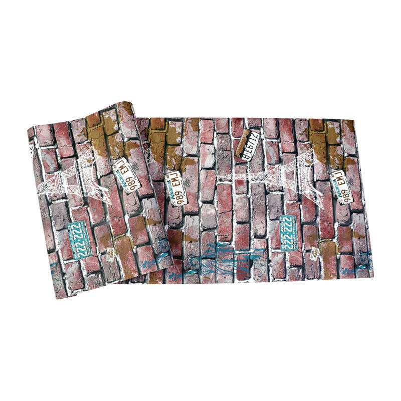 Coffee Shop Wallpaper Vintage Pastel Color Brick and Car Plate Wall Decor, Non-Pasted Clearhalo 'Industrial wall decor' 'Industrial' 'Wallpaper' Wall Decor' 922330