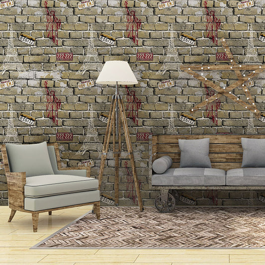 Coffee Shop Wallpaper Vintage Pastel Color Brick and Car Plate Wall Decor, Non-Pasted Yellow Clearhalo 'Industrial wall decor' 'Industrial' 'Wallpaper' Wall Decor' 922335