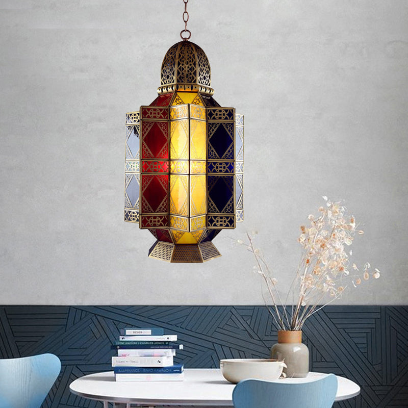 Colored Glass Brass Chandelier Lantern 3 Heads Arabian Hanging Pendant Light for Corridor Brass Clearhalo 'Ceiling Lights' 'Chandeliers' 'Glass shade' 'Glass' 'Pendant Lights' Lighting' 922427